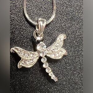 Silver Tone Rhinestone Fantasy Dragonfly Pendant Necklace